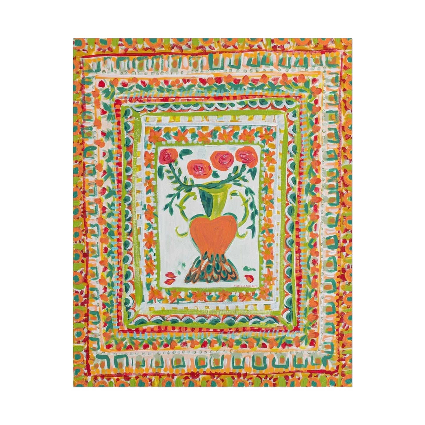 Floral Folk Art Poster – Bright Heart & Bouquet Rolled Wall Art