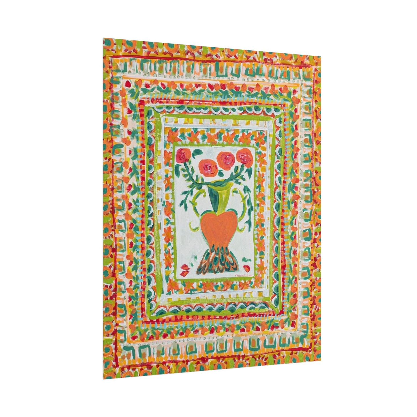 Floral Folk Art Poster – Bright Heart & Bouquet Rolled Wall Art