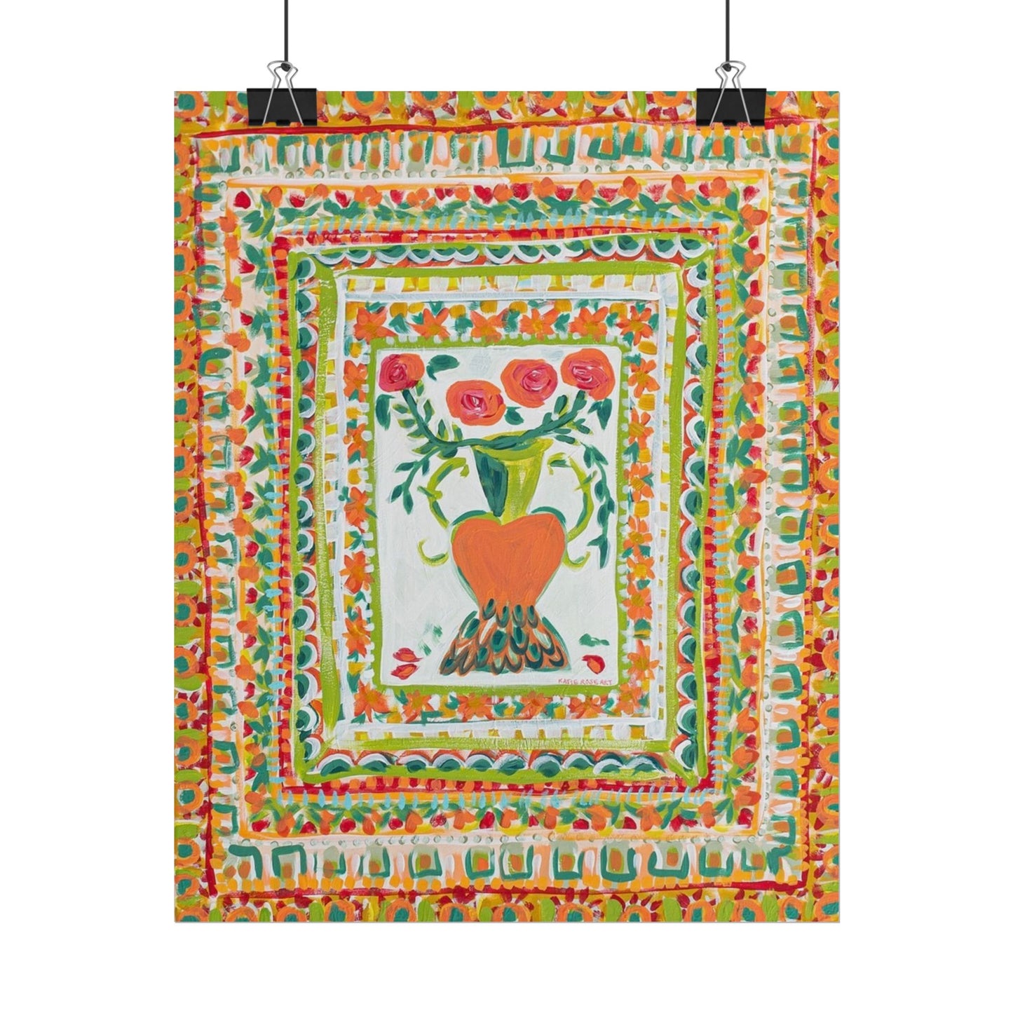 Floral Folk Art Poster – Bright Heart & Bouquet Rolled Wall Art